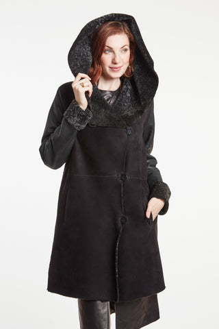 MOIRE LAMB TRIM COAT WITHE LEATHER SLEEVES in Black with Large Collar that converts to hood