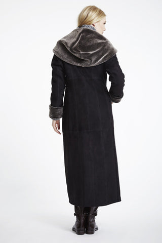 Back View of LONG LONG SHEARLING HOODED COAT with Large Shawl Collar That Converts To Hood