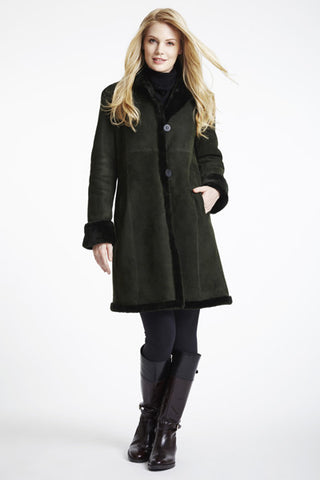 Shearling Fitted Coat With Shearling Hem& Stand Collar in Olive