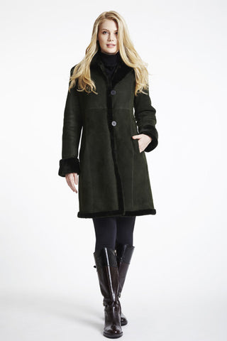 Shearling Fitted Coat With Shearling Hem& Stand Collar in Black