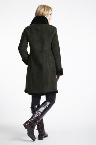 Back View of Shearling Fitted Coat With Shearling Hem& Stand Collar in Black