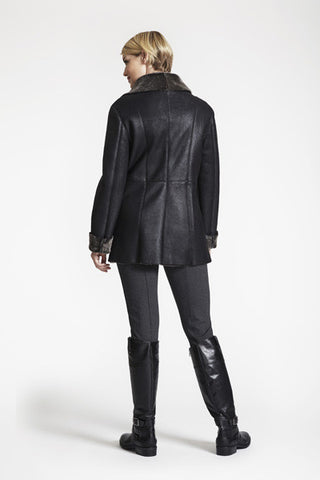 Back View of Asymmetrical Zip Front Jacket in Black Napa Spanish Merino micro shear shearling