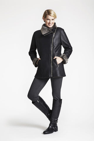 Asymmetrical Zip Front Jacket in Black Napa Spanish Merino micro shear shearling