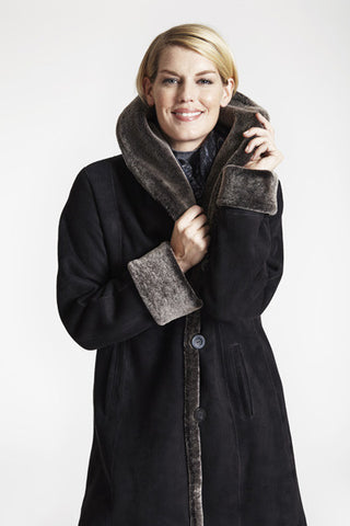 SHEARLING FITTED COAT in Soft Black with Shawl Collar