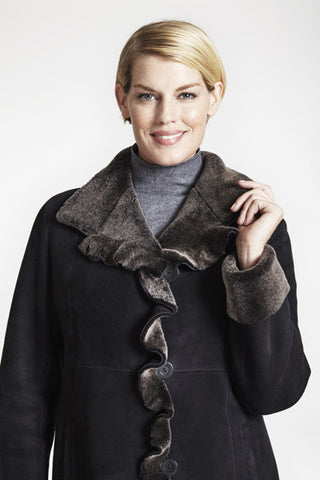 Shearling Ruffle Tuxedo Trim Jacket in Soft Black with Stand Collar