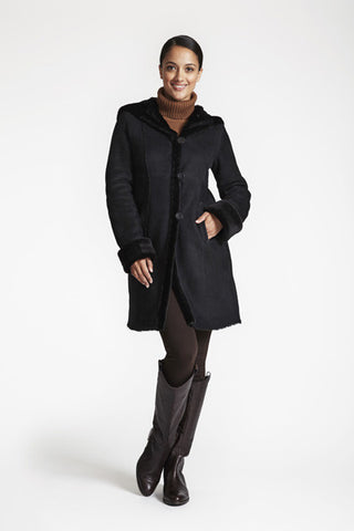 Classic Fitted Coat With Hood in Brown Suede/Black Wool