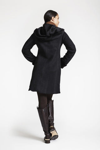 Back View of Classic Fitted Coat With Hood in Brown Suede/Black Wool