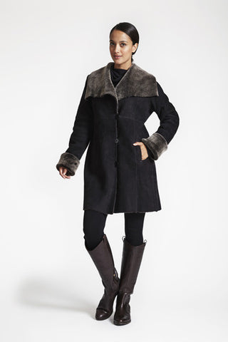 SHEARLING EASY FIT COAT WITh RAW EDGE DETAIL in Soft Black with large wing collar