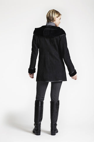 Back View of Fitted Leather Piped Jacket in Black with hood