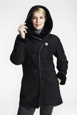 Fitted Leather Piped Jacket in Black with hood on