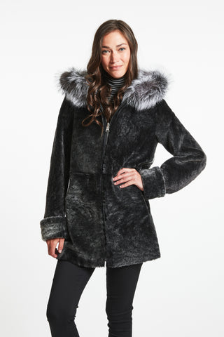 SHEARLING JACKET REVERSES TO LEATHER Textured Spanish shearling with fur hood