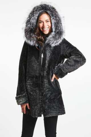 SHEARLING JACKET REVERSES TO LEATHER Textured Spanish shearling with fur hood on