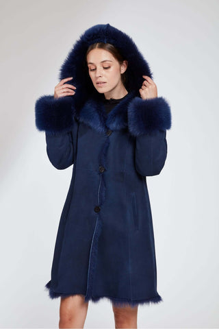 LUSH TOSCANA LAMB (shown in Indigo) with hood on in Navy