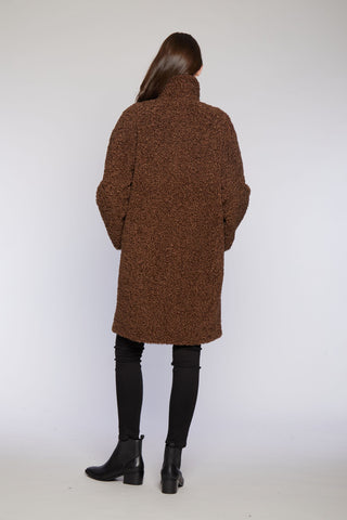 Back View of SOFT CURLY BOYFRIEND COAT in Brown with Notch collar