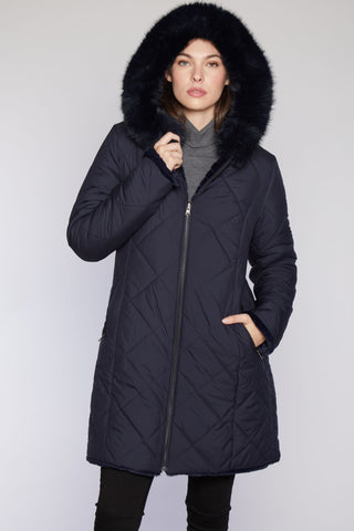 Hooded Quilted Puffer Reverses to Faux Fur with hood on
