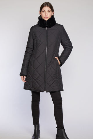 Quilted Puffer Reverses to Plush Faux Fur with Stand Collar