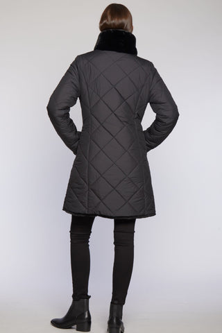 Back View of Quilted Puffer Reverses to Plush Faux Fur with Stand Collar