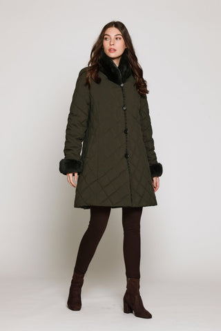 Quilted down coat reverses to layered rabbit with Rex Collar and Cuffs