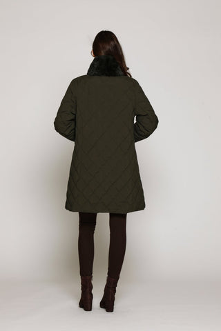 Back View of Quilted down coat reverses to layered rabbit with Rex Collar and Cuffs