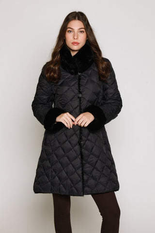 Quilted down coat reverses to layered rabbit with Rex Collar and Cuffs