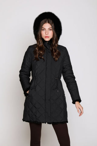QUILTED PUFFER REVERSES TO FAUX FUR in Black with Trimmed Hood on