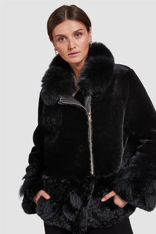 Reversible shearling and fox Jacket in Black with Fox Collar