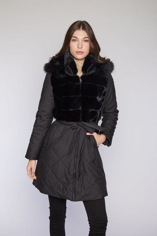 Quilted Storm Coat with Faux Trim with Detachable hood