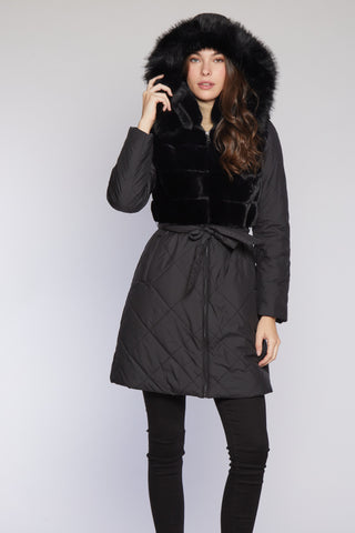 Quilted Storm Coat with Faux Trim with Detachable hood on