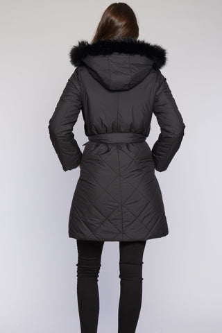 Back View of Quilted Storm Coat with Faux Trim with Detachable hood