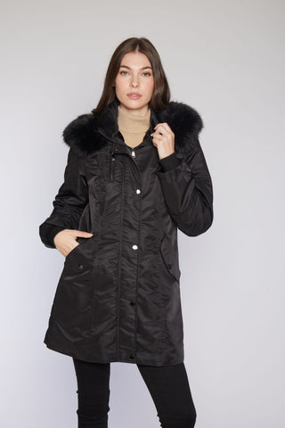 All Weather Storm Coat removable faux lining with hood down