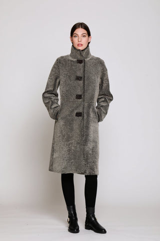 MID CALF LENGTH REVERSIBLE SHEARLING COAT SHEARLING with Double Fur Stand Collar
