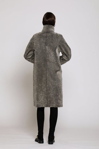 Back View of MID CALF LENGTH REVERSIBLE SHEARLING COAT SHEARLING with Double Fur Stand Collar