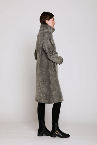 Side View of MID CALF LENGTH REVERSIBLE SHEARLING COAT SHEARLING with Double Fur Stand Collar