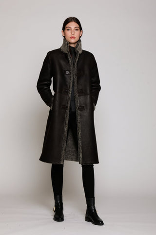 MID CALF LENGTH REVERSIBLE SHEARLING COAT SHEARLING in Black with Double Fur Stand Collar