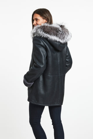 Back View of CLASSIC SHEARLING JACKET WITH FOX HOOD in Granite