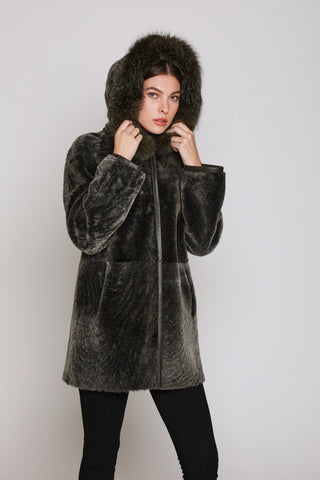 HOODED FOX TRIMMED SHEARLING REVERSIBLE COAT in Olive