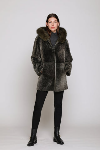 HOODED FOX TRIMMED SHEARLING REVERSIBLE COAT in Olive