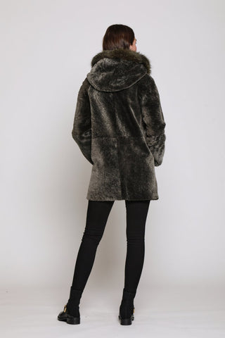 Back View of HOODED FOX TRIMMED SHEARLING REVERSIBLE COAT in Olive
