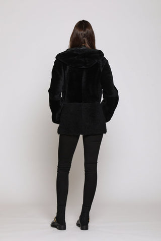 Back View of REVERSIBLE TWO TEXTURE SHEARLING HOODED JACKET in Black