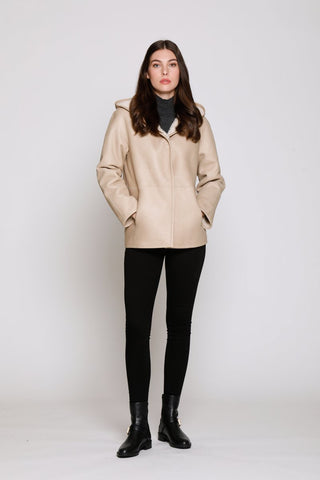 REVERSIBLE TWO TEXTURE SHEARLING HOODED JACKET in Beige