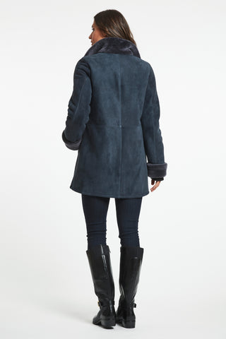 Back View of Just Chill Merino shearling in Granite with Double fur stand collar