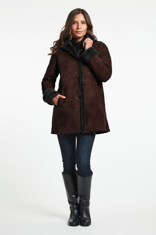 Just Chill Merino shearling in Choco with Double fur stand collar
