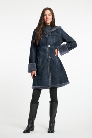 Shearling Fitted Coat With Shearling Hem& Stand Collar in Navy