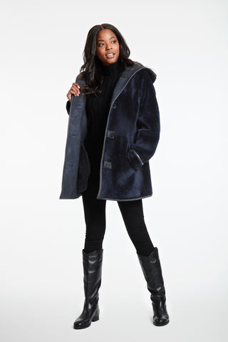 Essential Merino Shearling in Navy with hood down