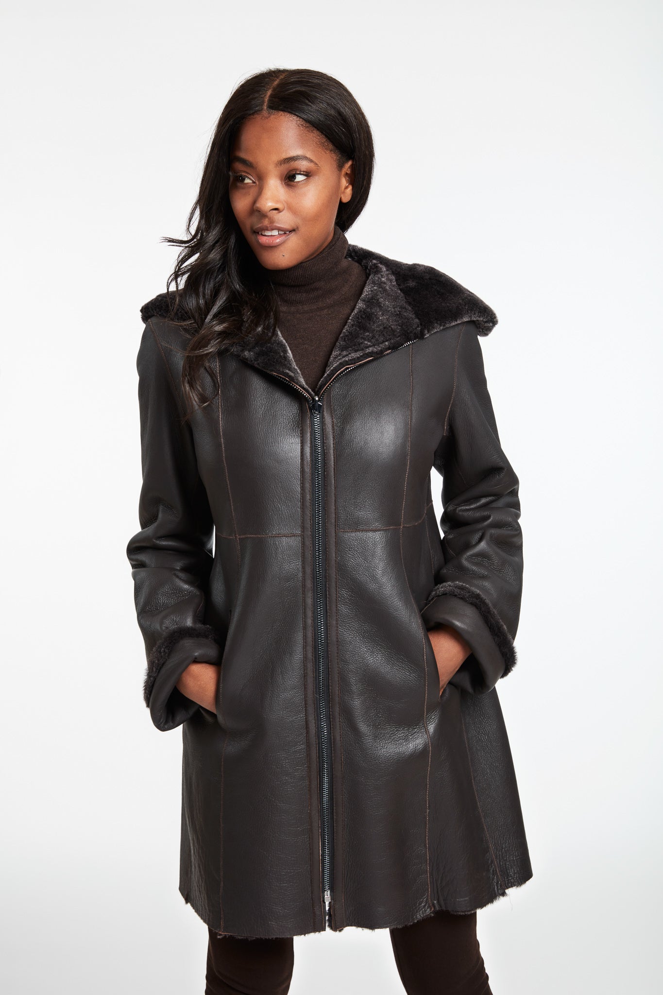 Fitted Zip Shearling Coat, Women's Coats