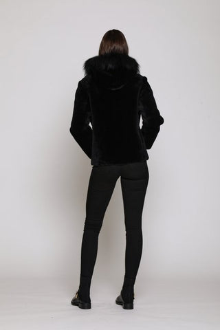 Back view of Hooded Shearling Moto with Model shot