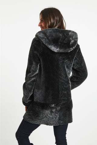 Back View of A-LINE REVERSIBLE SHEARLING TOPPER in Charco with hood