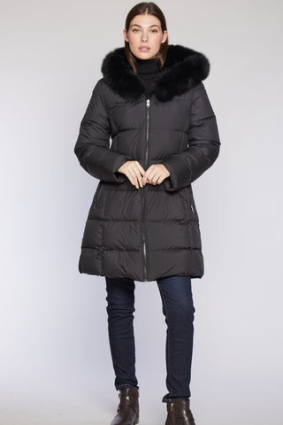 Goose Down Puffer Reverses to Sheared Rabbit in Black with Fox Trimmed Hood