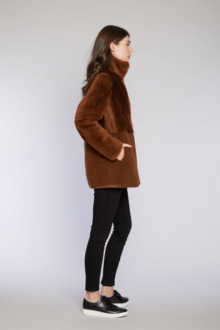 Side View of REVERSIBLE SHEARLING CITY PARKA in Siena with Stand Collar