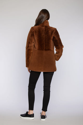 Back View of REVERSIBLE SHEARLING CITY PARKA in Siena with Stand Collar